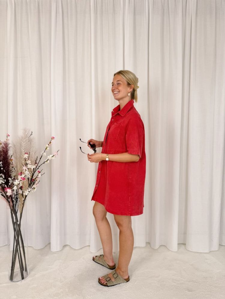 Flora Denim Dress Red